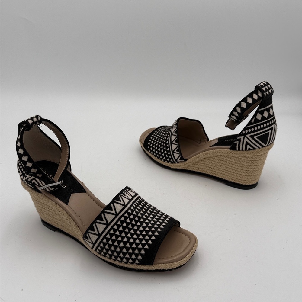 Enzo Angiolini Black Cream espadrille Wedges women sandals 10M caw hair Aztec